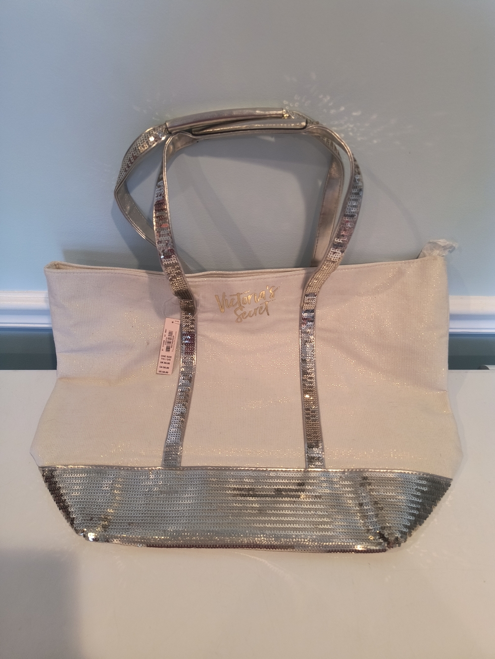 Victoria's Secret Cream Tote with Silver Sequin Trim